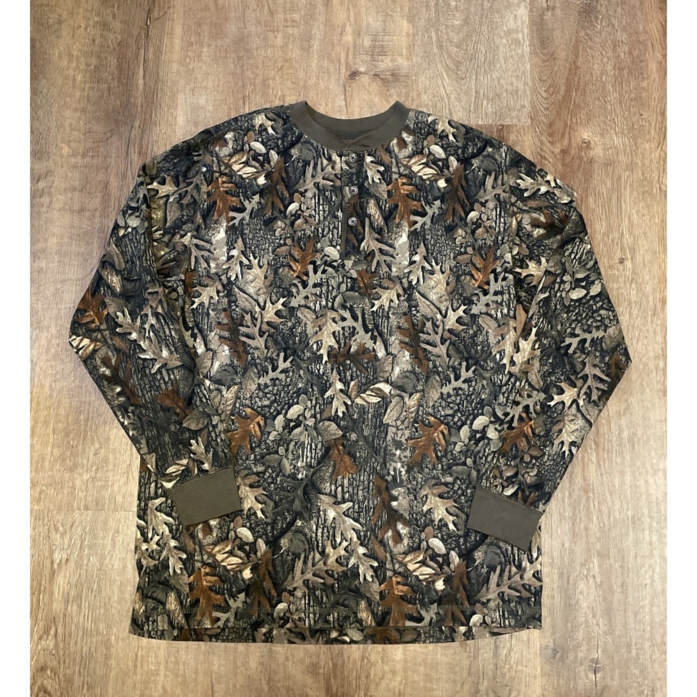 CE Schmidt Large Long Sleeve Waffle Knit Thermal Henley Shirt Camouflage Mens